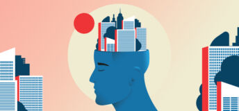Illustration of a person with buildings coming out of their head.