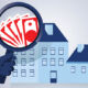 Illustration of a hand holding a magnifying glass looking into a house with dollar bills.
