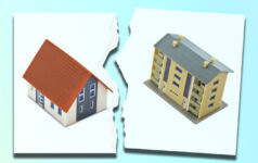 The public-private divide is getting more nuanced Image of two houses on a piece of paper that is torn through the middle.