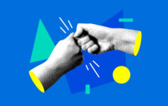 Two halftone hands making fist bump. Friendly greeting gesture. Teamwork. Congratulations on success. Two people holding fists together. Fist collision. Modern collage. Partnership