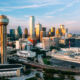 Elevated View of Dallas, Texas city skyline in Springtime
