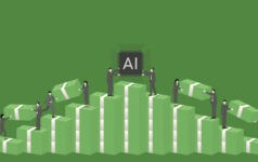 Illustration of people handing large stacks of money and an AI chip to one another while standing on larger stacks of money.