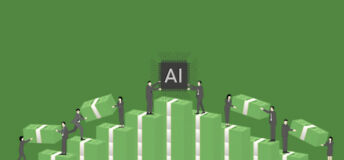 Illustration of people handing large stacks of money and an AI chip to one another while standing on larger stacks of money.