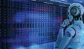 The new risks in data center investing Illustration of a robot posing as if it is thinking while looking at a series of computers.