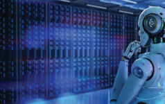 Illustration of a robot posing as if it is thinking while looking at a series of computers.