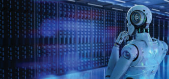 Illustration of a robot posing as if it is thinking while looking at a series of computers.